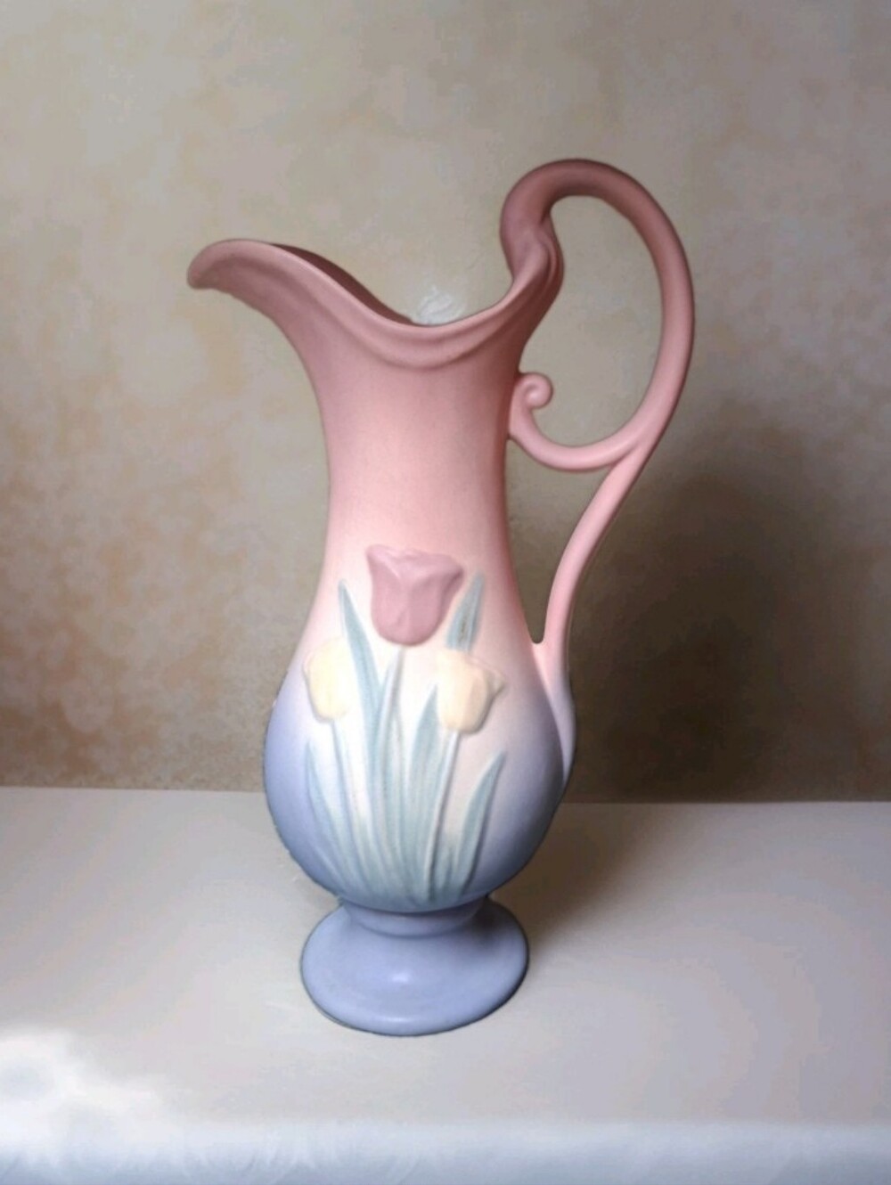 Vintage Hull 1938 Art Pottery Large Tulip Pink Blue Pitcher Vase 13” Tall